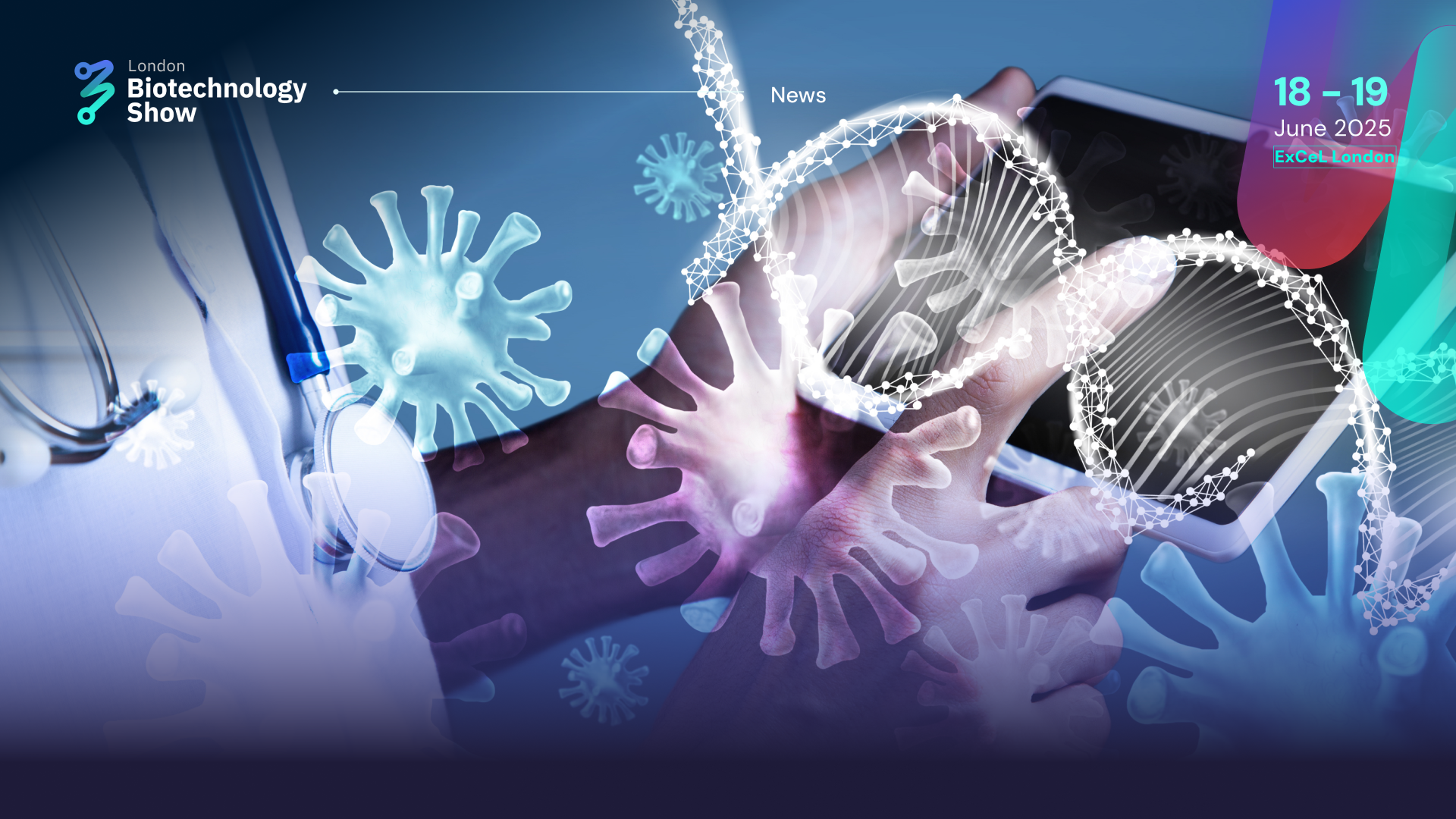 A hand interacting with a tablet, symbolising digital innovation in biotech